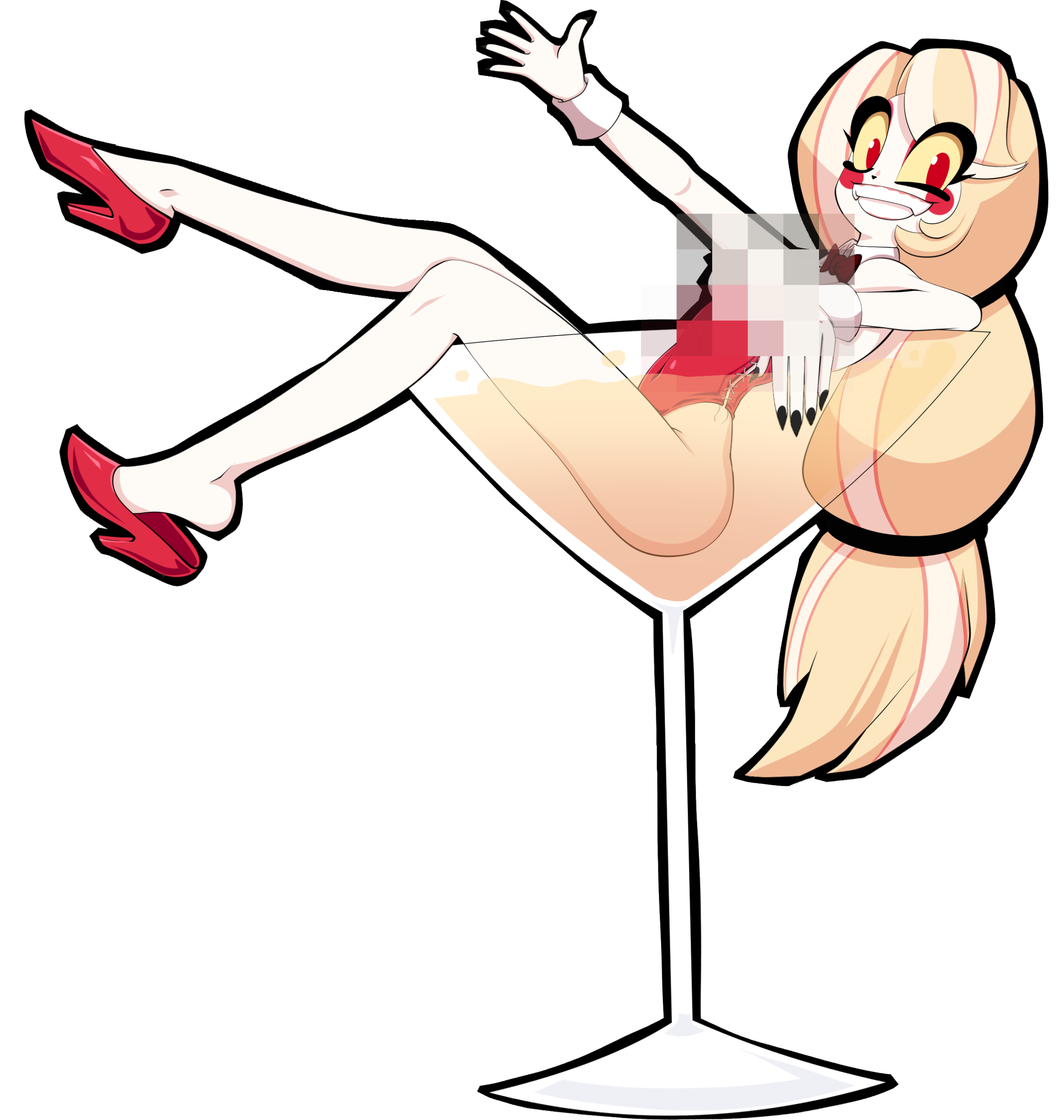 Charlie from Hazbin Hotel bathing in a huge glass full of champagne with a bunny suit