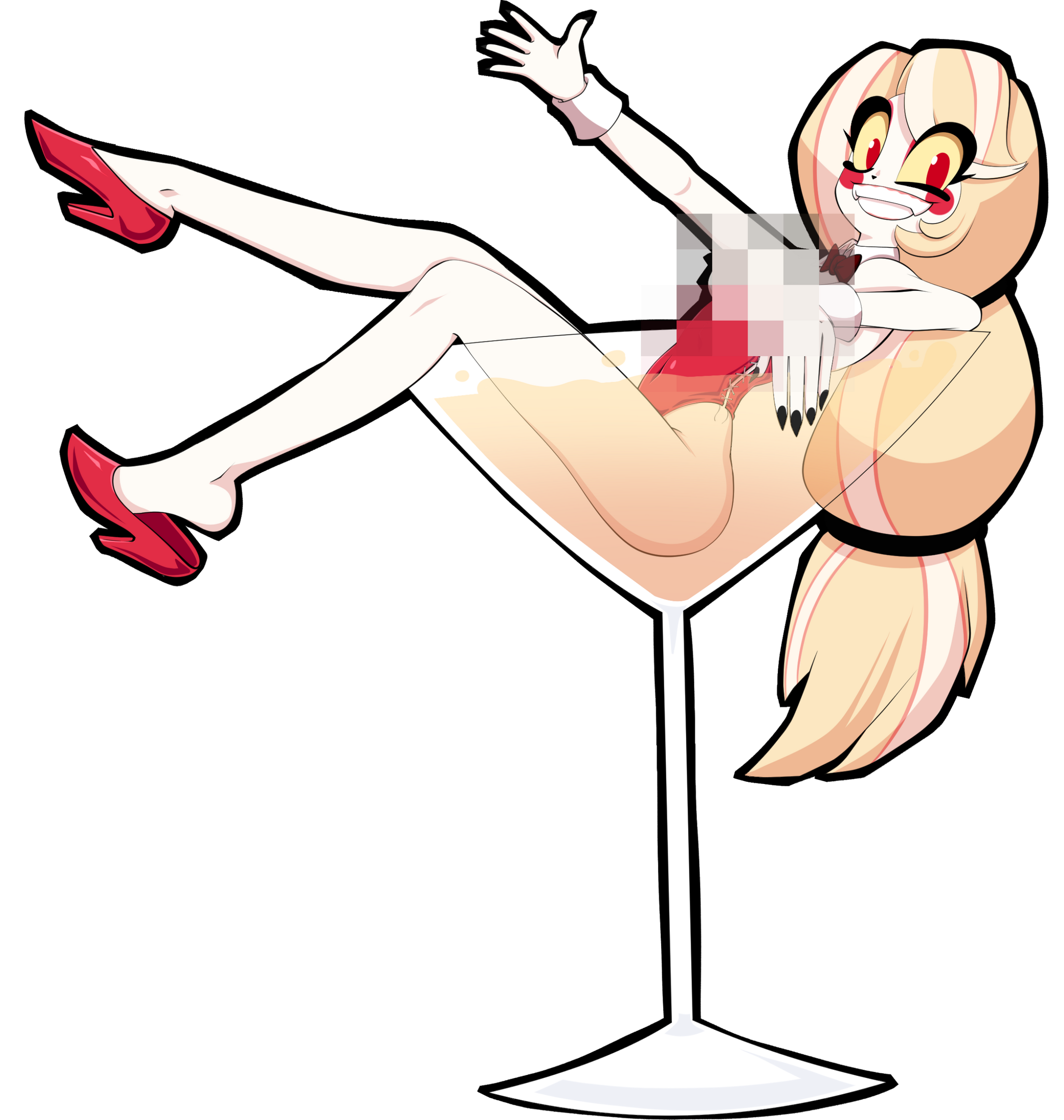 Charlie in Champagne Charlie from Hazbin Hotel bathing in a huge glass full of champagne with a bunny suit