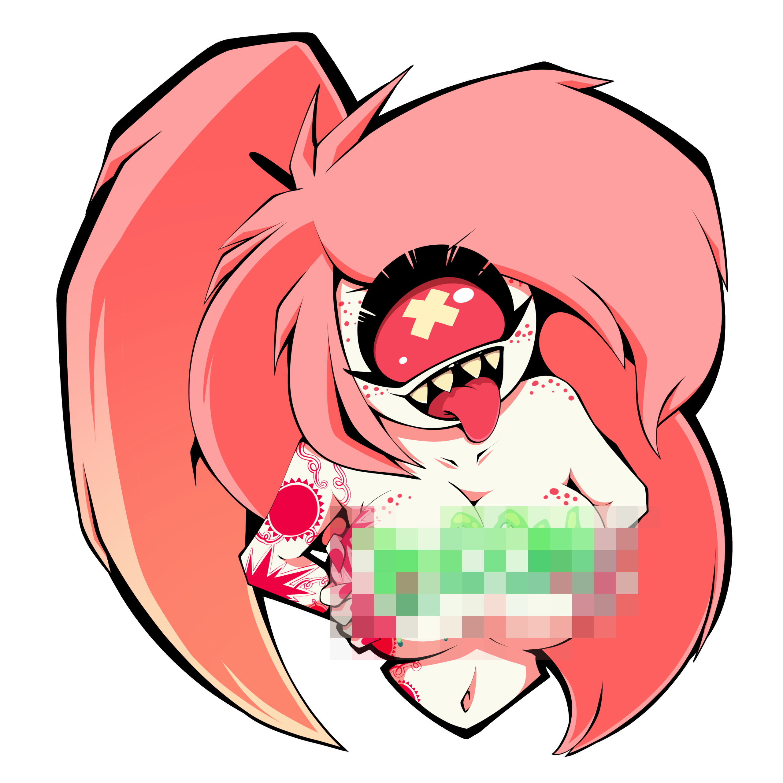 Charry Bomb from Hazbin Hotel showing off her painted breasts