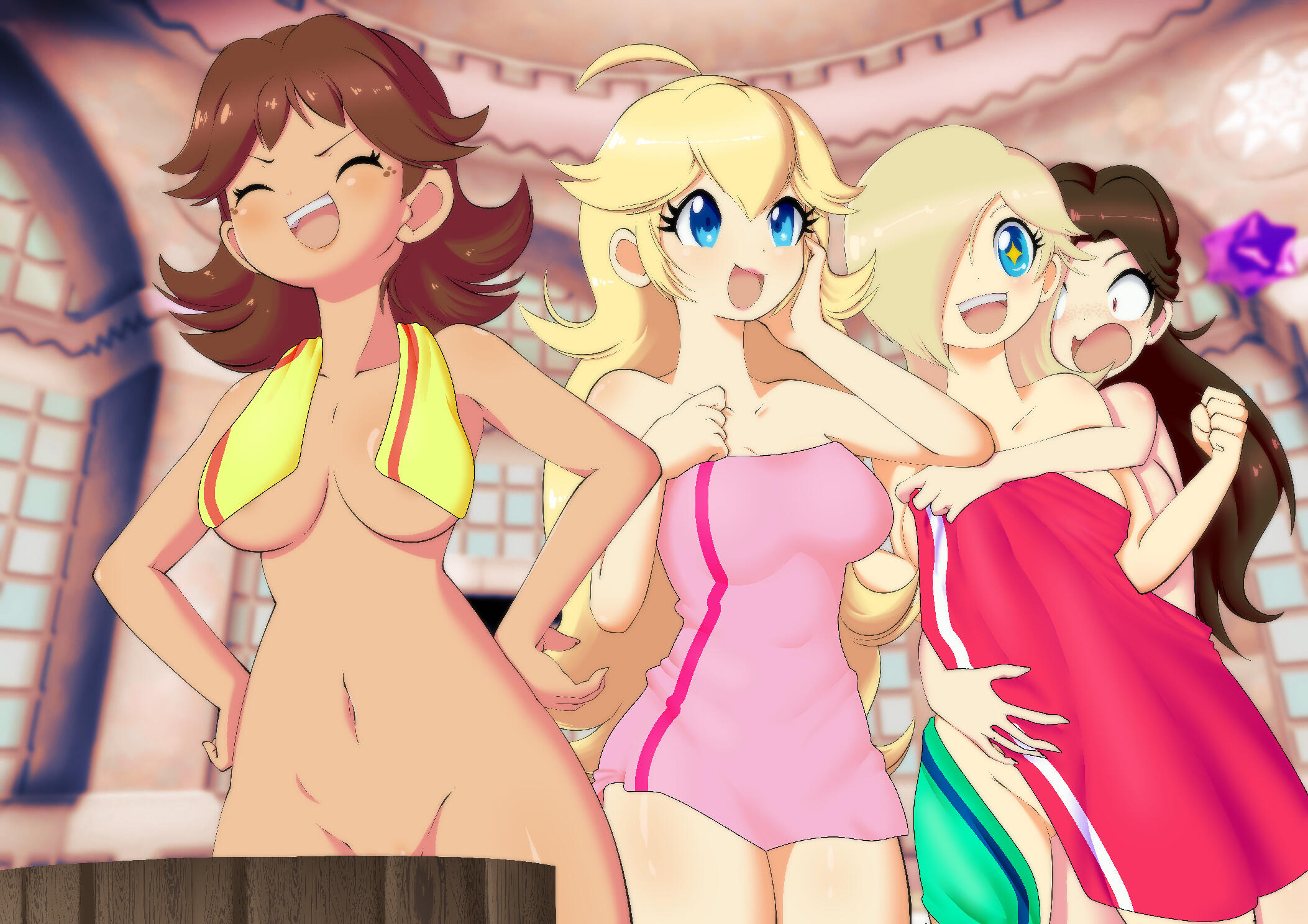 Princess Daisy, Peach, Rosalina and Pauline are going to have a nice relaxing bath in Rosalina's space bathroom