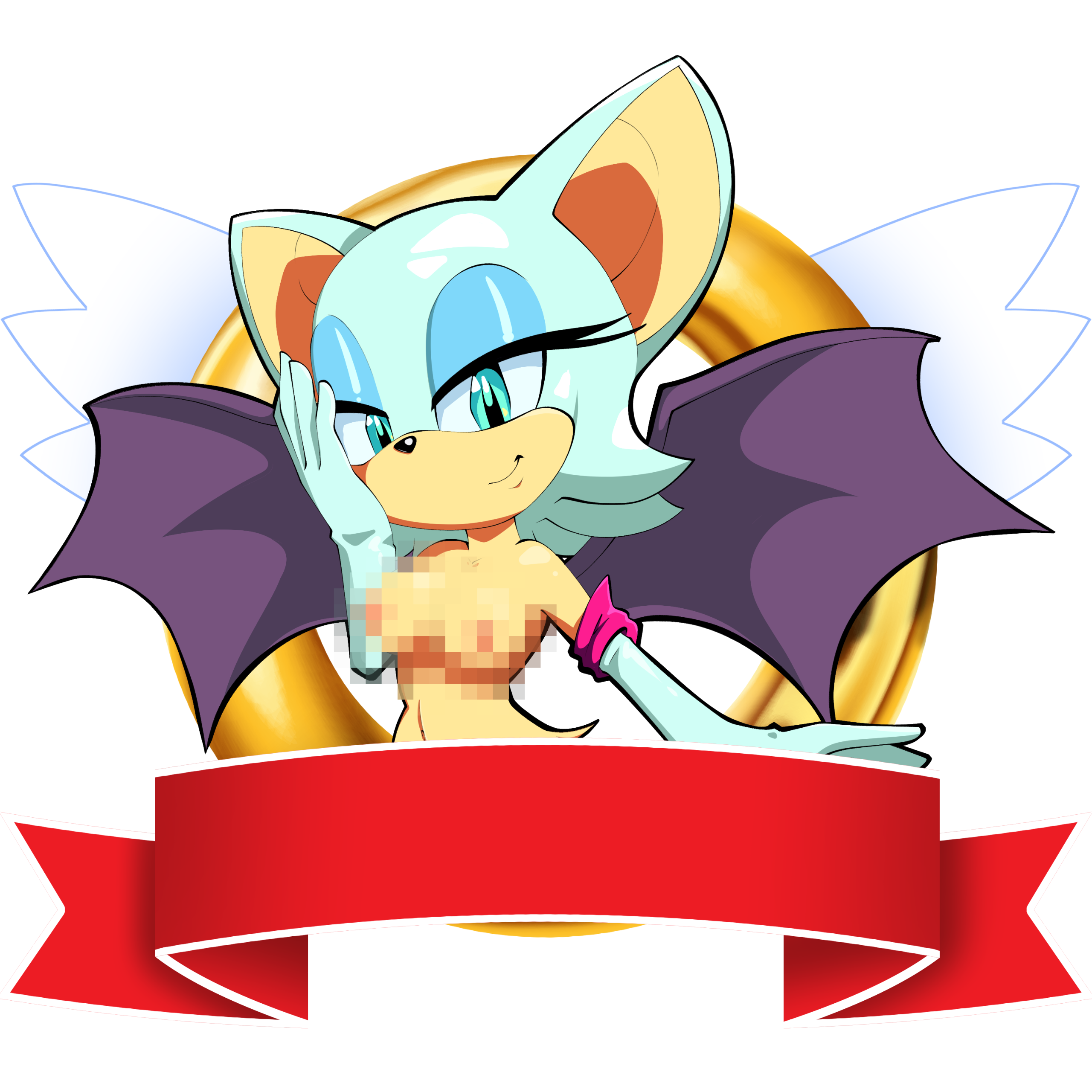 Rouge the Bat from Sonic the Hedgehog posing nude with an emblem in the background