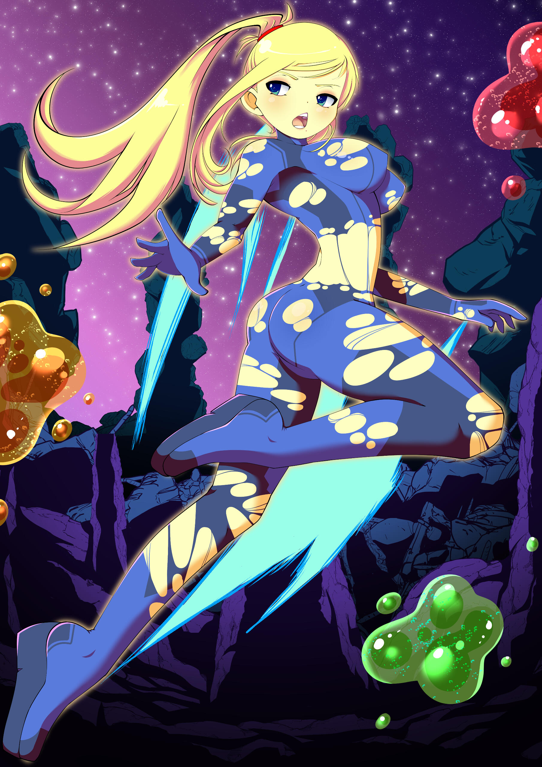 Zero Suit Samus cornered by X-Parasites. Her suit is torn.