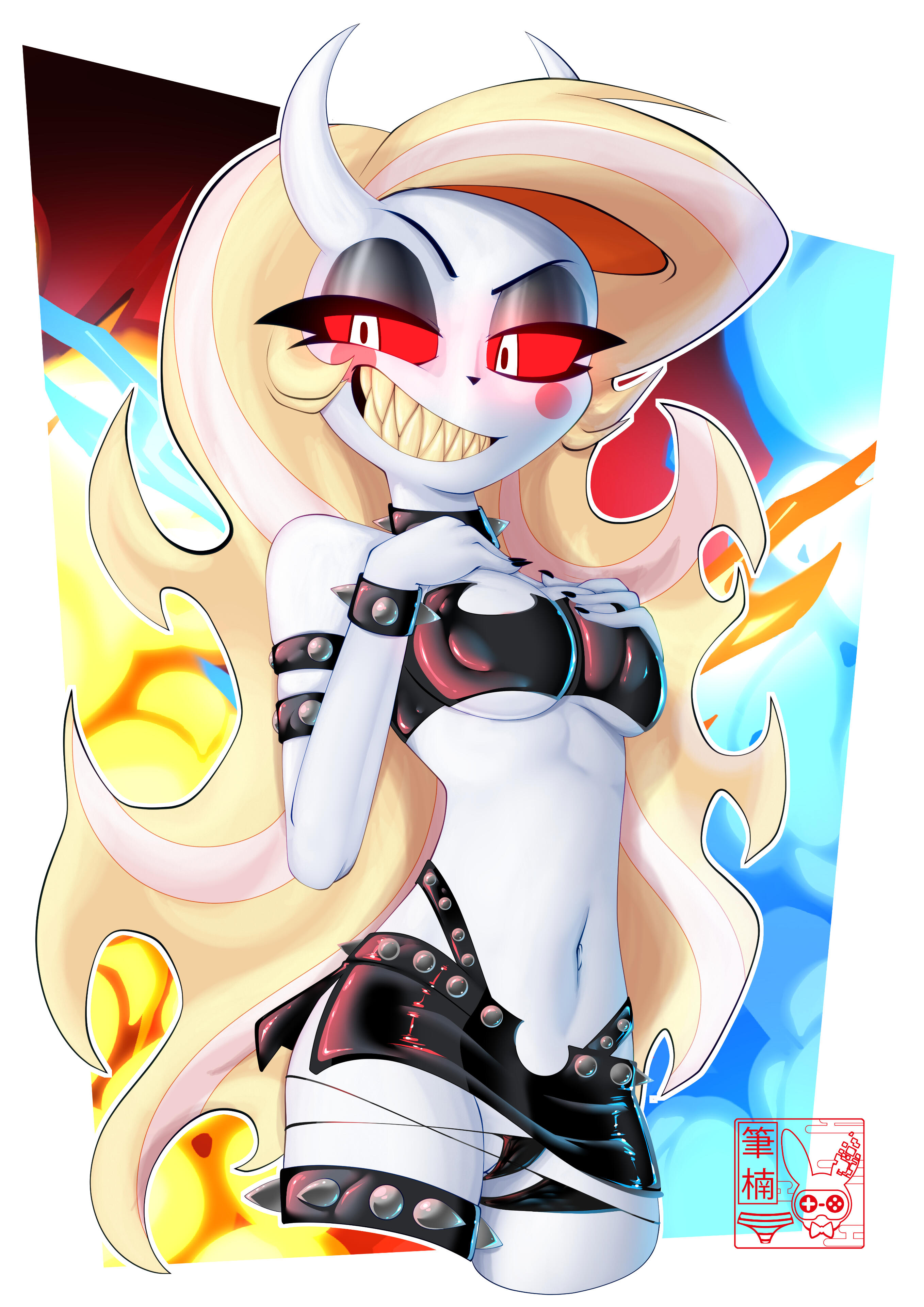 Charlie Morningstar from Hazbin Hotel dressing up as Scanty from Panty and Stocking with Garterbelt